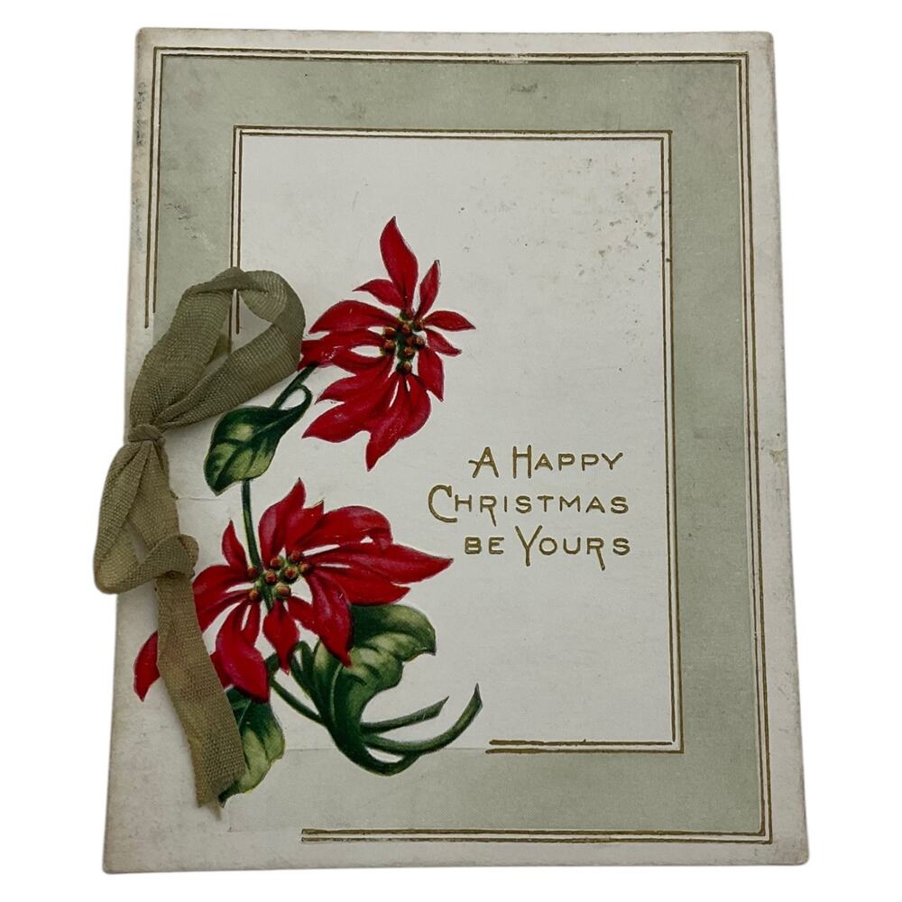 Antique Christmas Greeting Card Red Poinsettia Elf Poem‎ Early 1900s Ephemera